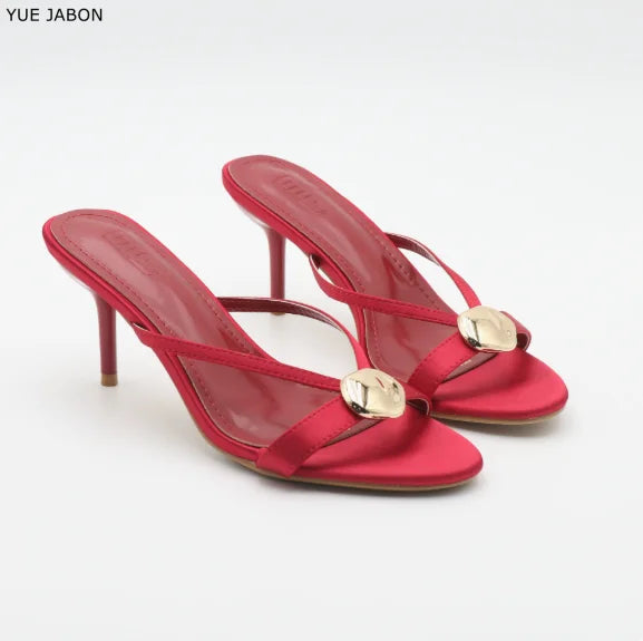 Red Satin Sexy Thin Heel Slippers Women Metal Buckle Open Toe Slides Ladies Concise Black Luxury Brand High Heels Dress Shoes
