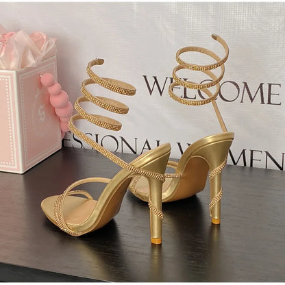 Luxury Crystal Snake Coiled Women Sandals Sexy Narrow band Thin High heels Wedding Party Female Gladiator Sandals Summer Shoes