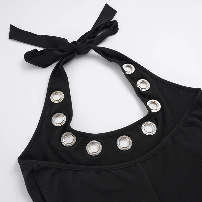 Women's Sleek Black Halter Jumpsuits With Eyelet Detailing Form-Fitting Capri Length Design Chic And Minimalist Summer Outfits