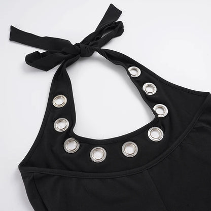 Women's Sleek Black Halter Jumpsuits With Eyelet Detailing Form-Fitting Capri Length Design Chic And Minimalist Summer Outfits