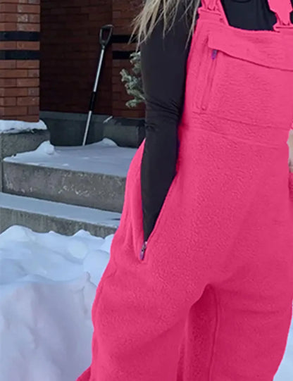 Women Fleece Warm Overalls Loose Casual Jumpsuits One-Piece Bibs Adjustable Suspender Straps Winter Fuzzy Soft Comfy Ski Pants