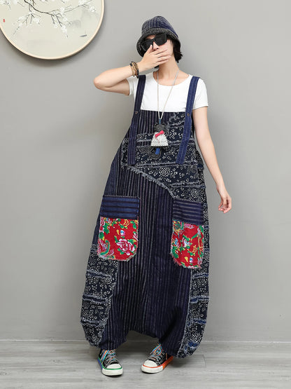 Unique Niche Women Cotton-linen Patchwork High-waist Overalls Large Pockets Sleeveless Jumpsuit LX6266