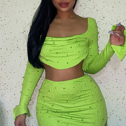 Luxury Y2k Bodycon Sexy Two-piece Set Skirt Sets Sequins Pearls Women Outfits Evening Party Gowns Chic Dresses Short Suits White