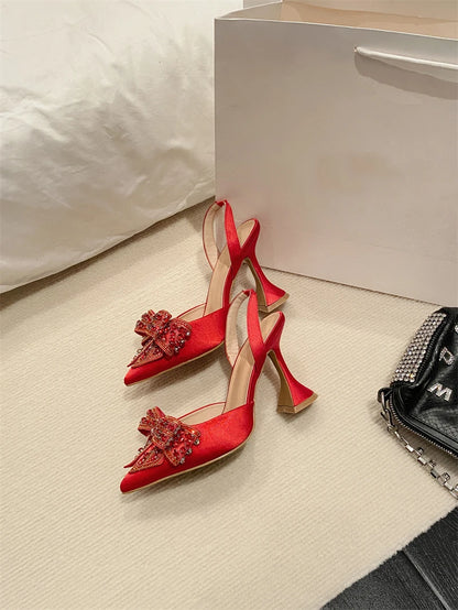 Liyke Spring Summer Fashion Rhinestone Bowknot Women Pumps Sexy Silk Pointed Toe Strange High Heels Party Prom Shoes Gold Silver