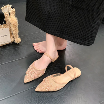 Pearl Bead Embroidery Lace Slingback Shoes Woman Luxury Floral Silk Gauze Low Heel Mules Ladies Elegant Evening Party Dress Shoe