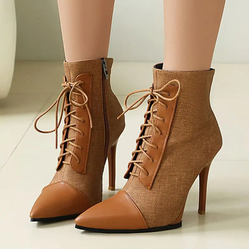 ANOVISHANA Elegant Fmeale Ankle Boots Pointed Toe 11cm Thin High Heels Zipper Lace Up Mixed Color Large Size 40 41 Short Autumn
