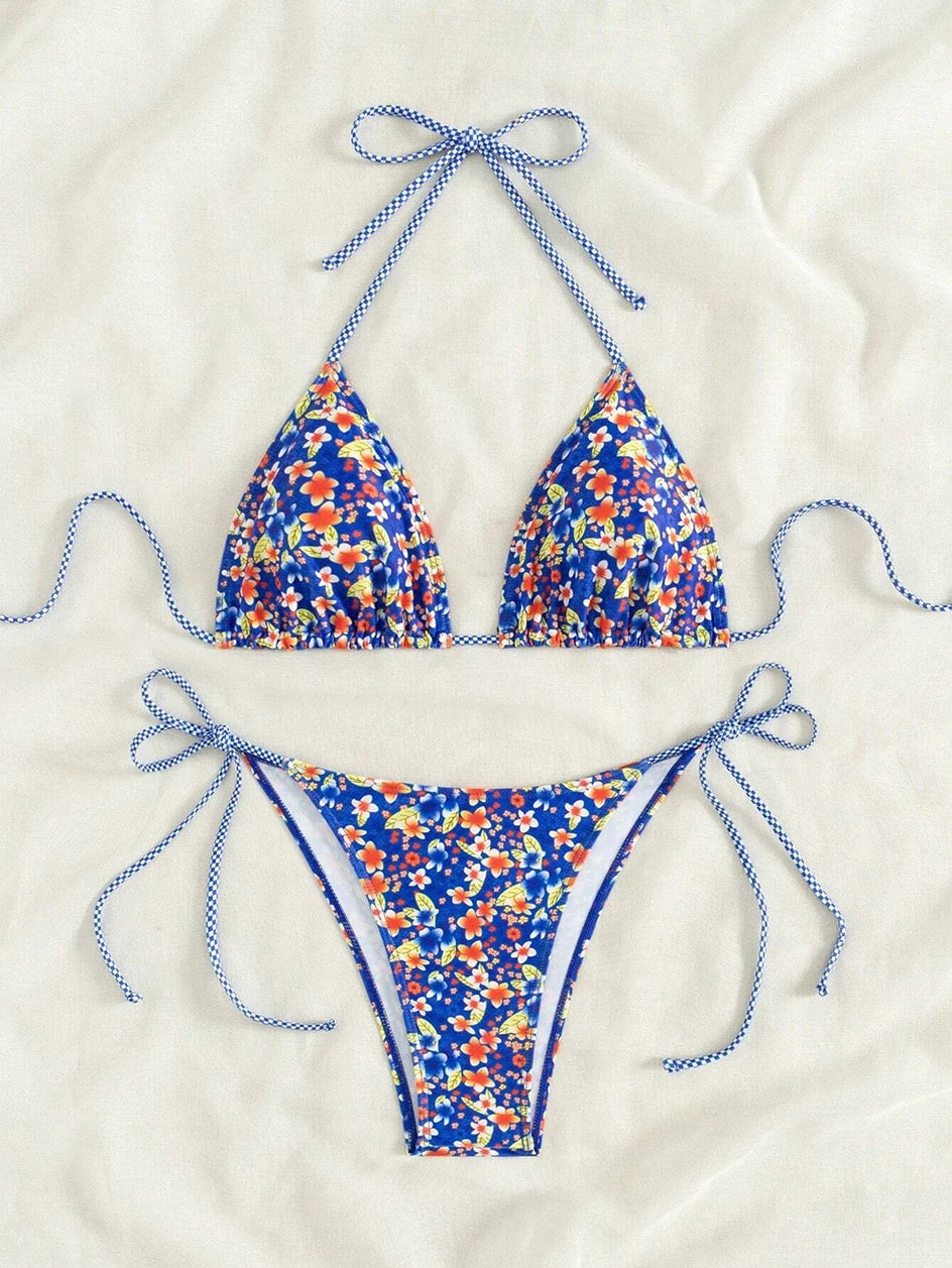 Swimsuit 2026 Female Micro Bikini Women Swimwear Summer Beachwear Women's Bathing Suit Floral Print Neck Halter Thong Bikini Set