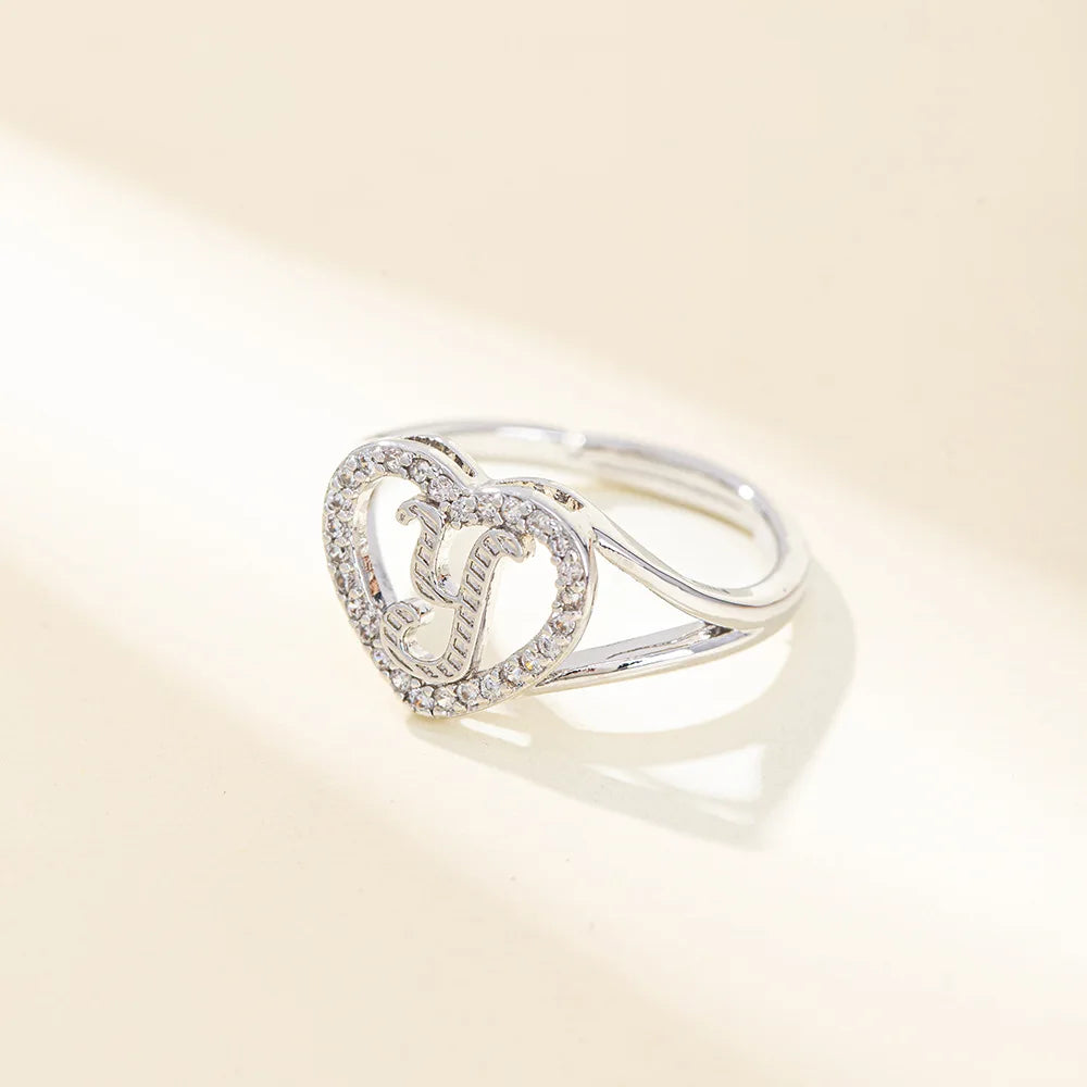White Zircon 26 Letters A-Z Love Heart Open Adjustable Rings For Women Gold Silver Color Wedding Band Jewelry Mother's Day Gifts