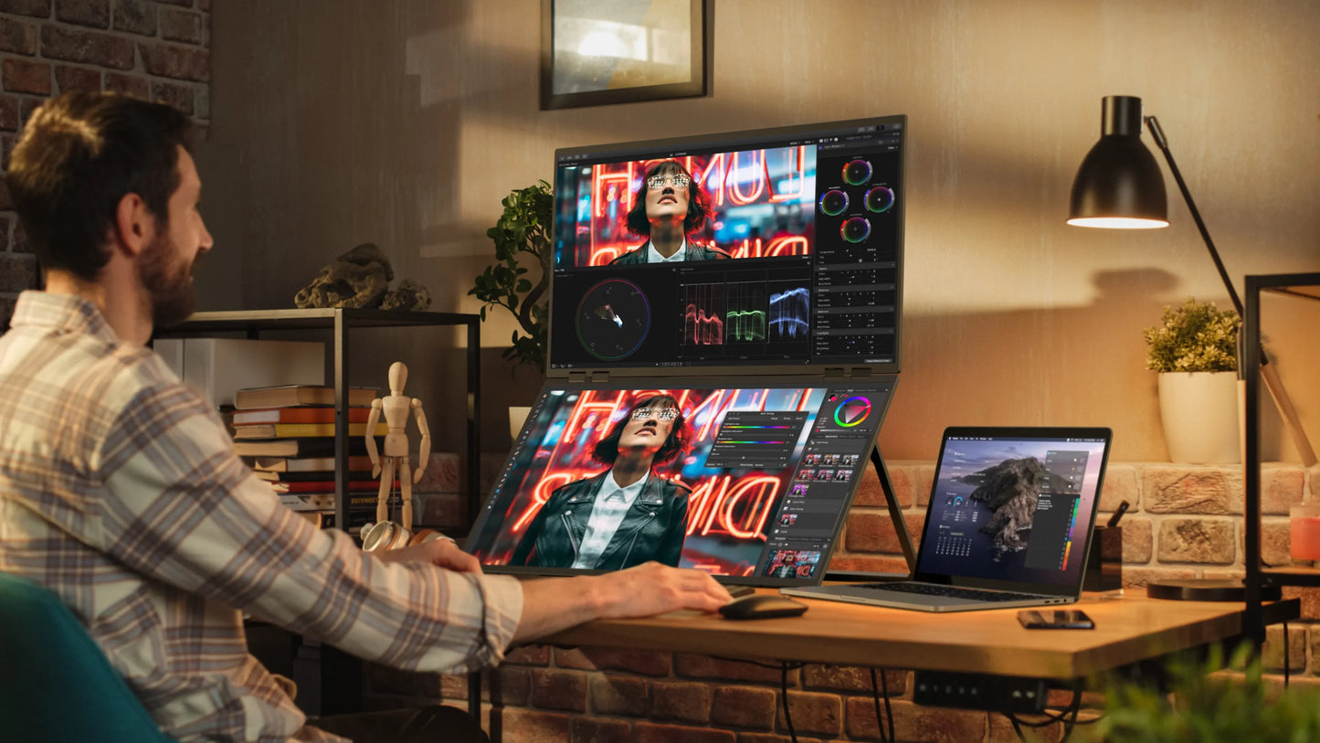 UPERFECT Delta Mega 23.8 Inch 100Hz Dual Screen Stacked Computer Display 1080P 360° Folding Triple Extender Monitor with Speaker