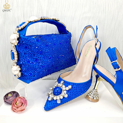 QSGFC 2023 New Fashion Purple Sandals Sequins Rhinestone Point Toe High Heels Slingback Women's Dress Women's Shoes & Bag Set