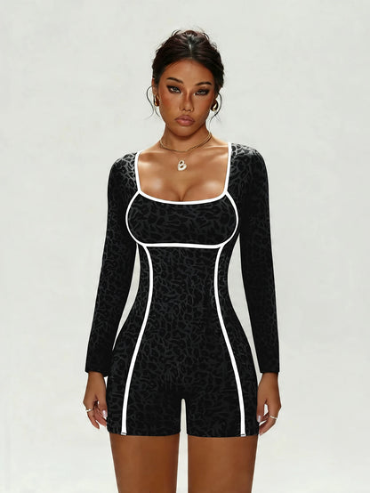 Women's Leopard Print Jumpsuit, Sexy One-Piece Long-Sleeve Bodysuit, Short Jumpsuit for Yoga & Gym, Black Streetwear