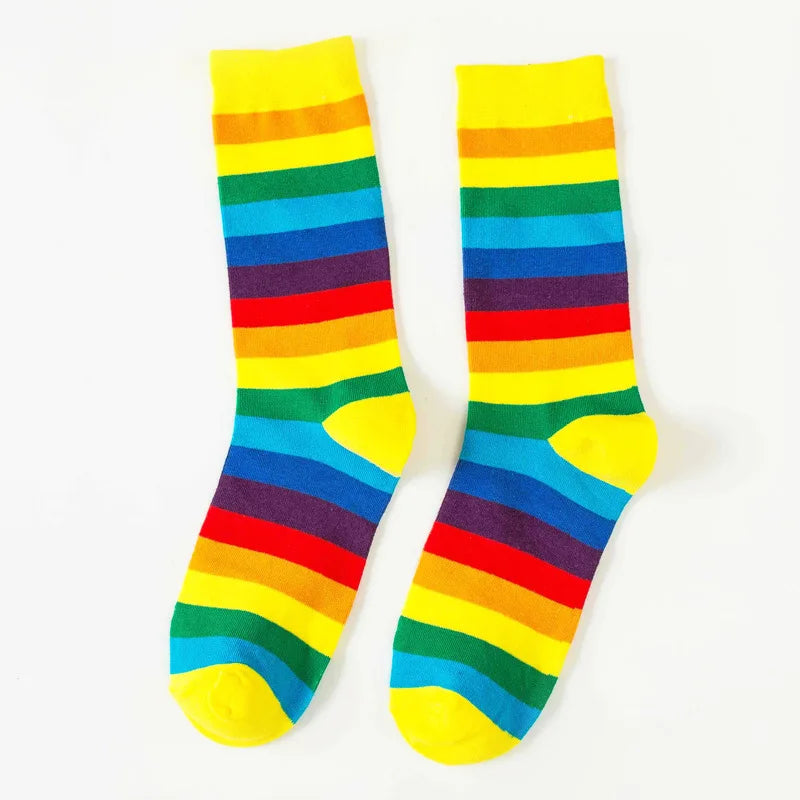 Rainbow Striped Socks Colorful Fashion Women Middle Tube Long Socks Trendy Candy Colors Breathable Cotton Casual Sport Socks New