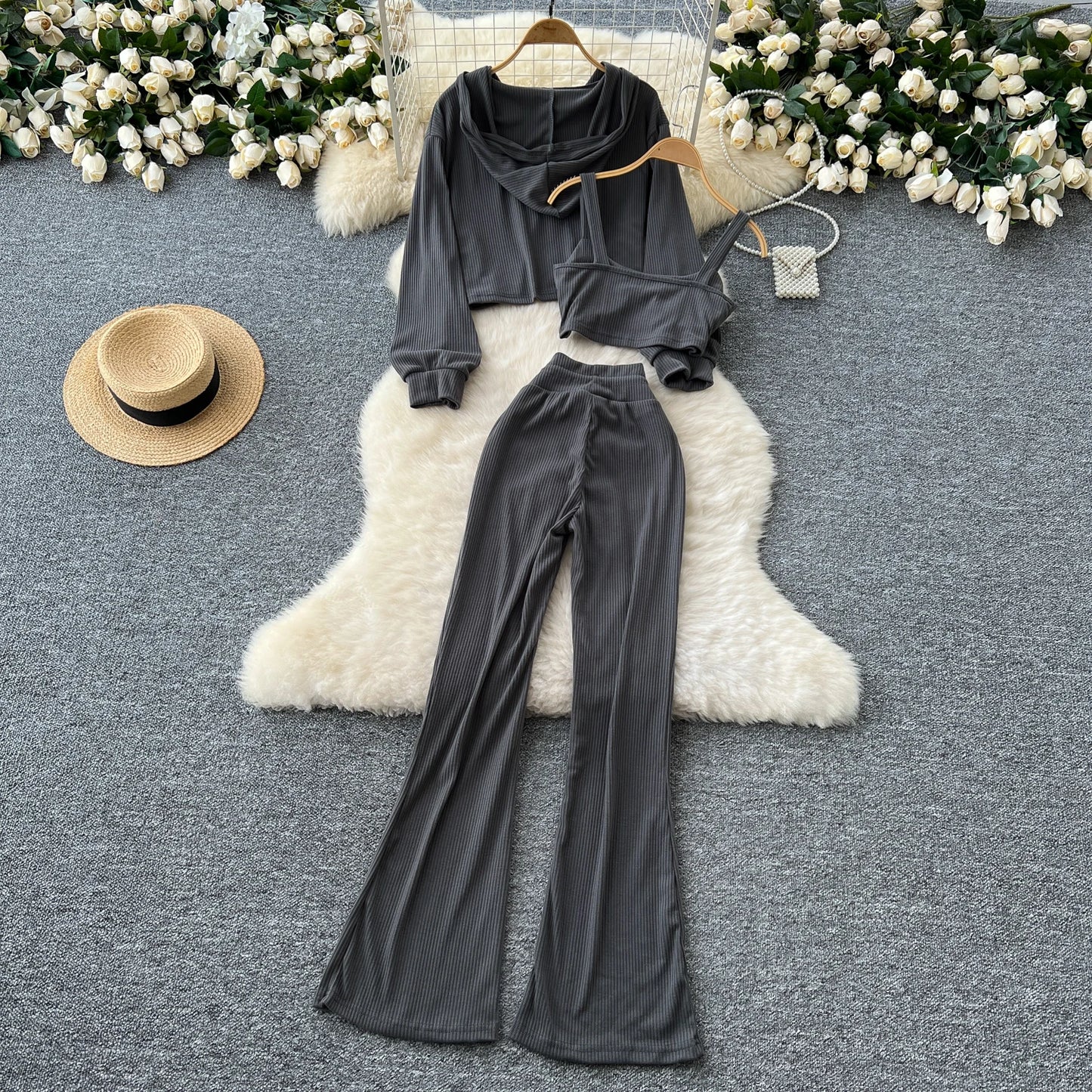 SINGREINY 2026 Autumn Sporty Suits Ladies Full Sleeves Hoodies+Sling Mini Camis+Drawstring Long Pants Casual Three Pieces Sets