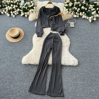 SINGREINY 2026 Autumn Sporty Suits Ladies Full Sleeves Hoodies+Sling Mini Camis+Drawstring Long Pants Casual Three Pieces Sets