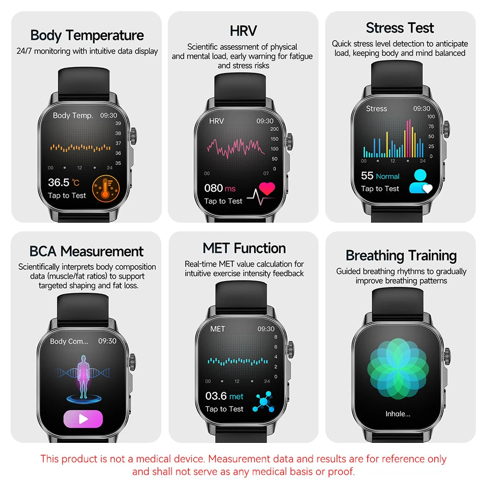 2026 New Body Analysis Health Smart Watch ECG+PPG Uric Acid Blood Pressure Blood Oxygen Clock Call AMOLED Smart Watch Men Women