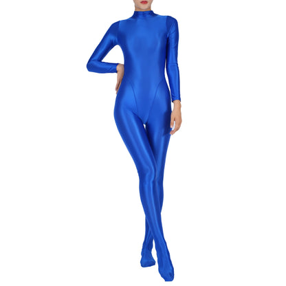 Women Glossy Full Body Jumpsuit Gym Yoga Tights Rompers Mock Neck Long Sleeve Footed One Piece Jumpsuit Clubwear Sportwear