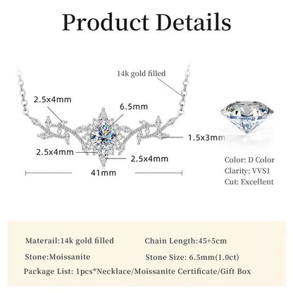 Lnngy Certificated Moissanite Necklace 14K Gold Filled Sophisticated Floral Leaf Pendant Necklaces for Women Wedding Jewelry