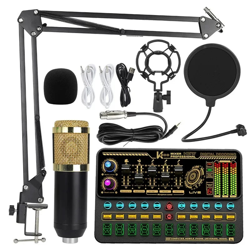 F998 Live Streaming Sound Card Kit Rechargeable Condenser Microphone With Stand Bluetooth Mixer For Streaming Recording