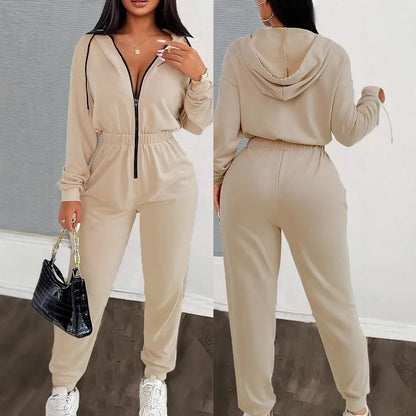 2024 Autumn And Winter New Women's Fashion Solid Color Drawstring Zipper Hooded Jumpsuit Casual Matching