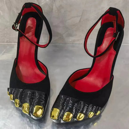 Novelty Stiletto Sandals For Women Pointed Toe Ankle Strap Designer New Brand Luxury Female Shoes Cool Elegant Metal Decoration