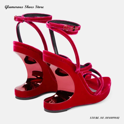 Strappy Velvet Wedges Sandals Women's Round Open Toe Wedges Party Evening Shoes Summer Fashion Buckle Strap Plus Size High Heels