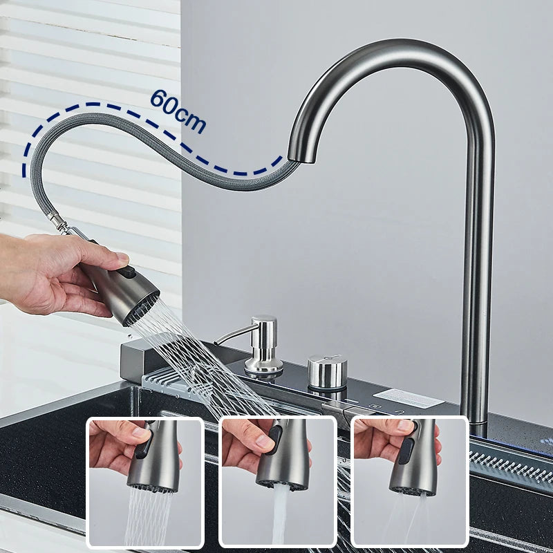 Stainless Steel Kitchen Sink with Faucet Digital Display Large Single Bowl Waterfall Rain 5 Functions System Dish Basin Sink