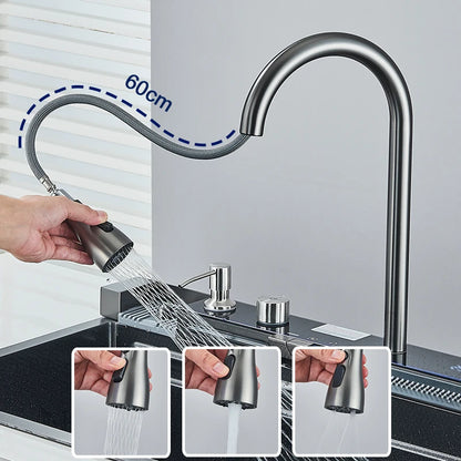 Stainless Steel Kitchen Sink with Faucet Digital Display Large Single Bowl Waterfall Rain 5 Functions System Dish Basin Sink