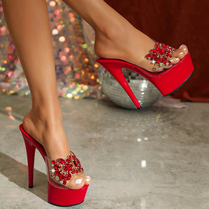 Luxury Rhinestones Transparent Slippers Women Platform Thin High Heels Model Catwalk Sandals 15CM Summer Night Club Stage Shoes