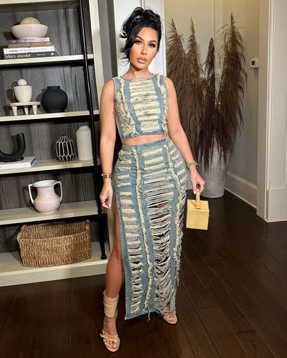 Hollow Out Jeans Skirt Outfit Set Sexy Women Elegant Two Pieces Denim Club Matching Set Top+Long Skirt