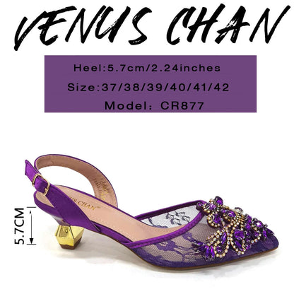 Venus Chan Nigerian Elegant Lace Net Style Green Crystal Low Heel Shoes And Three-Dimensional Mini Bag Commuter Women's Shoes