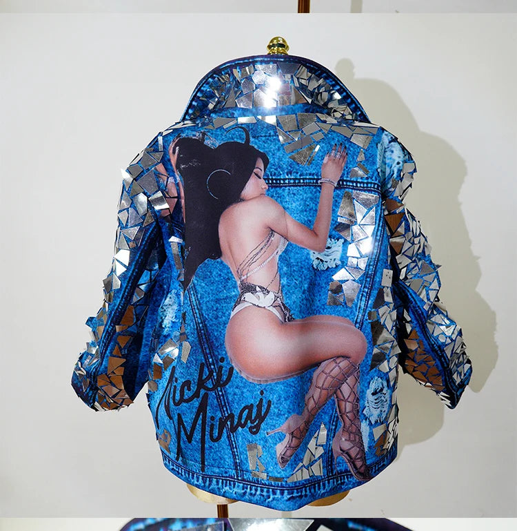 Blue Cowboy Mirror Jacket Women Shiny Stage Performance Costume Party Dance Nightclub Rave Singer DJ Hip Hop Dance Outfit
