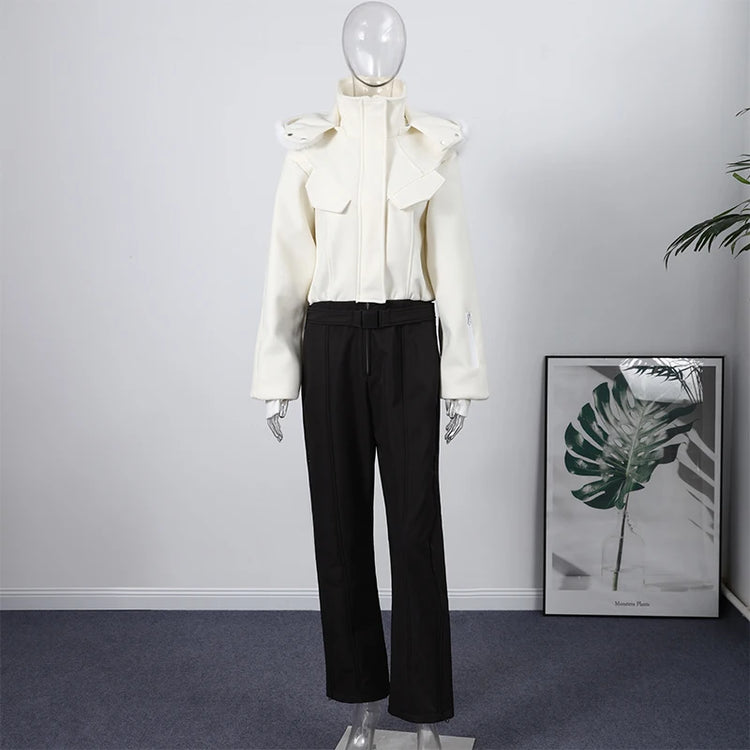 Casual Fur-Trimmed Hooded Ski Suit Women Fashion Belted Slim Full Sleeve Warm Jumpsuits Female 2026 Winter Snow Bodysuit Lady