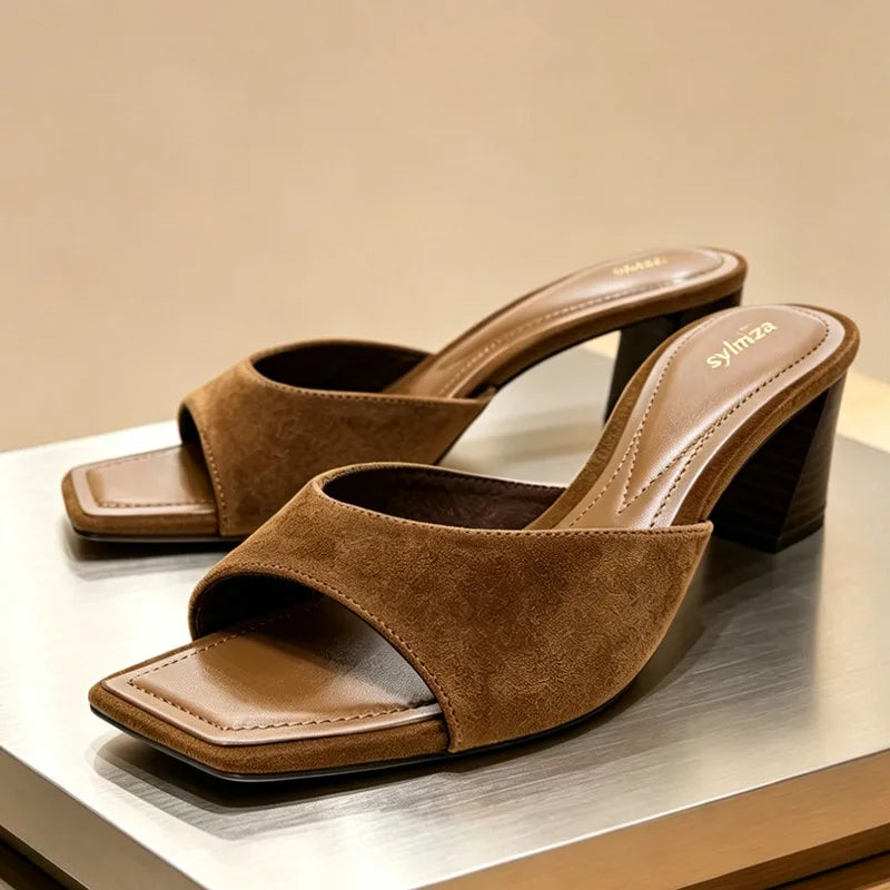 Elegant Faux Suede Chunk High Heel Mule Sandals Women Backless Square Toe Slippers for Ladies 2026 Summer Luxury Designer Shoes