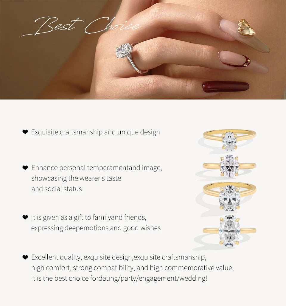 ATTAGEMS Oval Cut 1.0-4.5CT D VVS1 Moissanite Rings for Women 925 Sterling Silver Solitaire Engagement Ring Luxury Band Jewelry