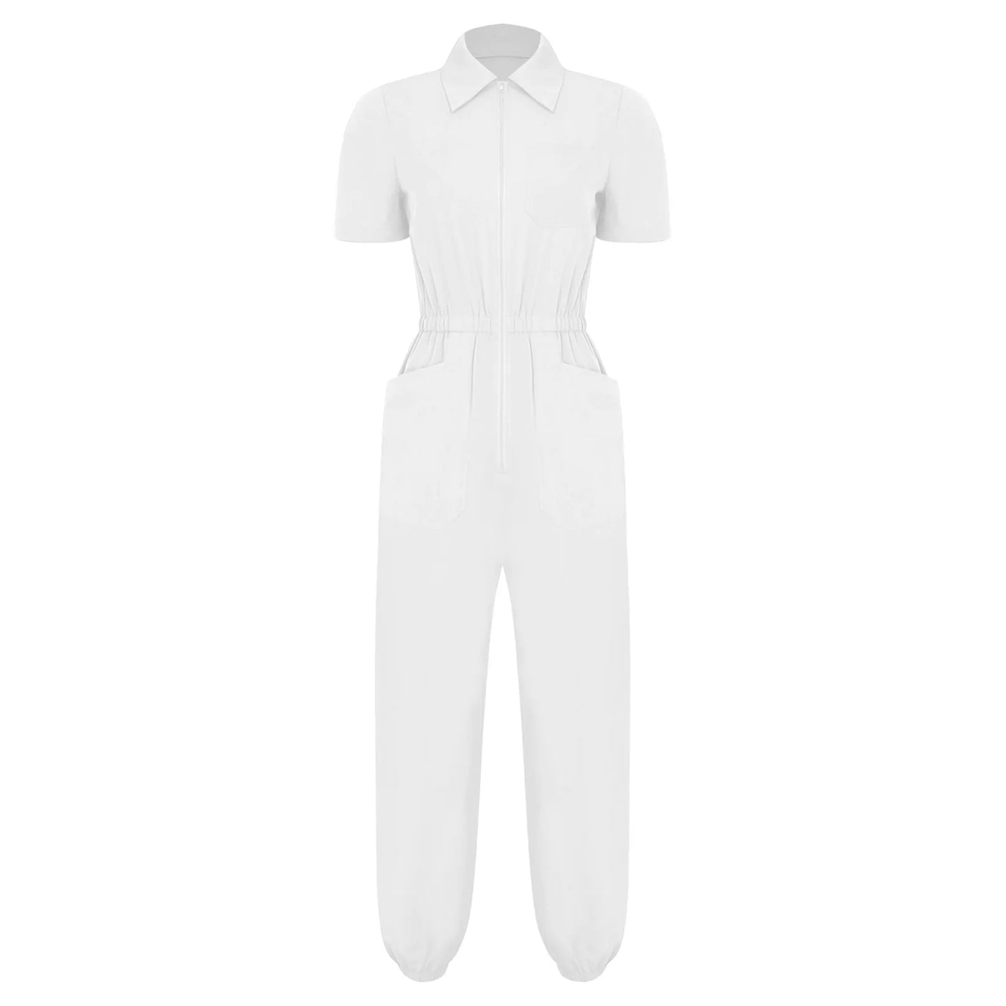 Womens Short Sleeve Scrubs Jumpsuit Front Zipper Elastic Waist Jogger Pants Rompers Nurse Doctor Workwear for Caring Nursing