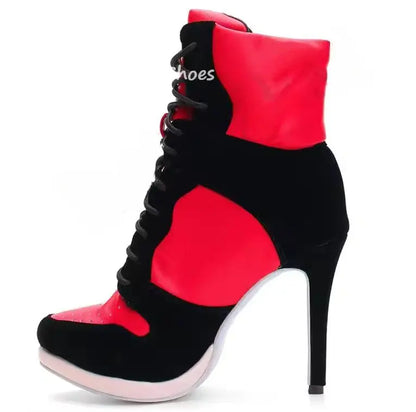Round Toe Sports Lace Up Women's Short Boots 2026 Thick Sole Mixed Color Stilettos Autumn Winter New Street Style Casual Rock Bo