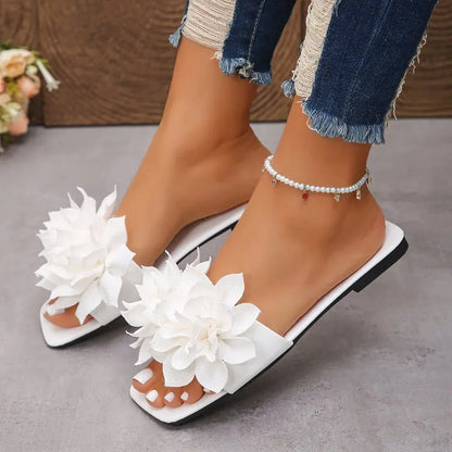 Women Flat Slippers 2026 Summer New Solid Color Sandals Flowers Open Toes Slippers Casual Fashionable Beach Shoes Slides Women