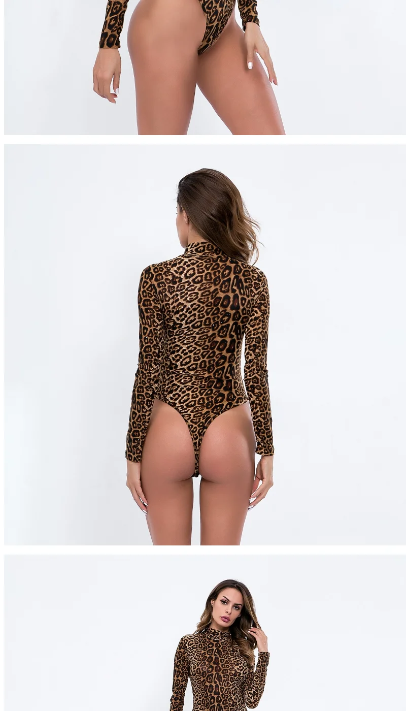 Slimming High Neck Long Sleeve Jumpsuit Fashionable Leopard Print for Women Autumn New Style plus Size  Suit