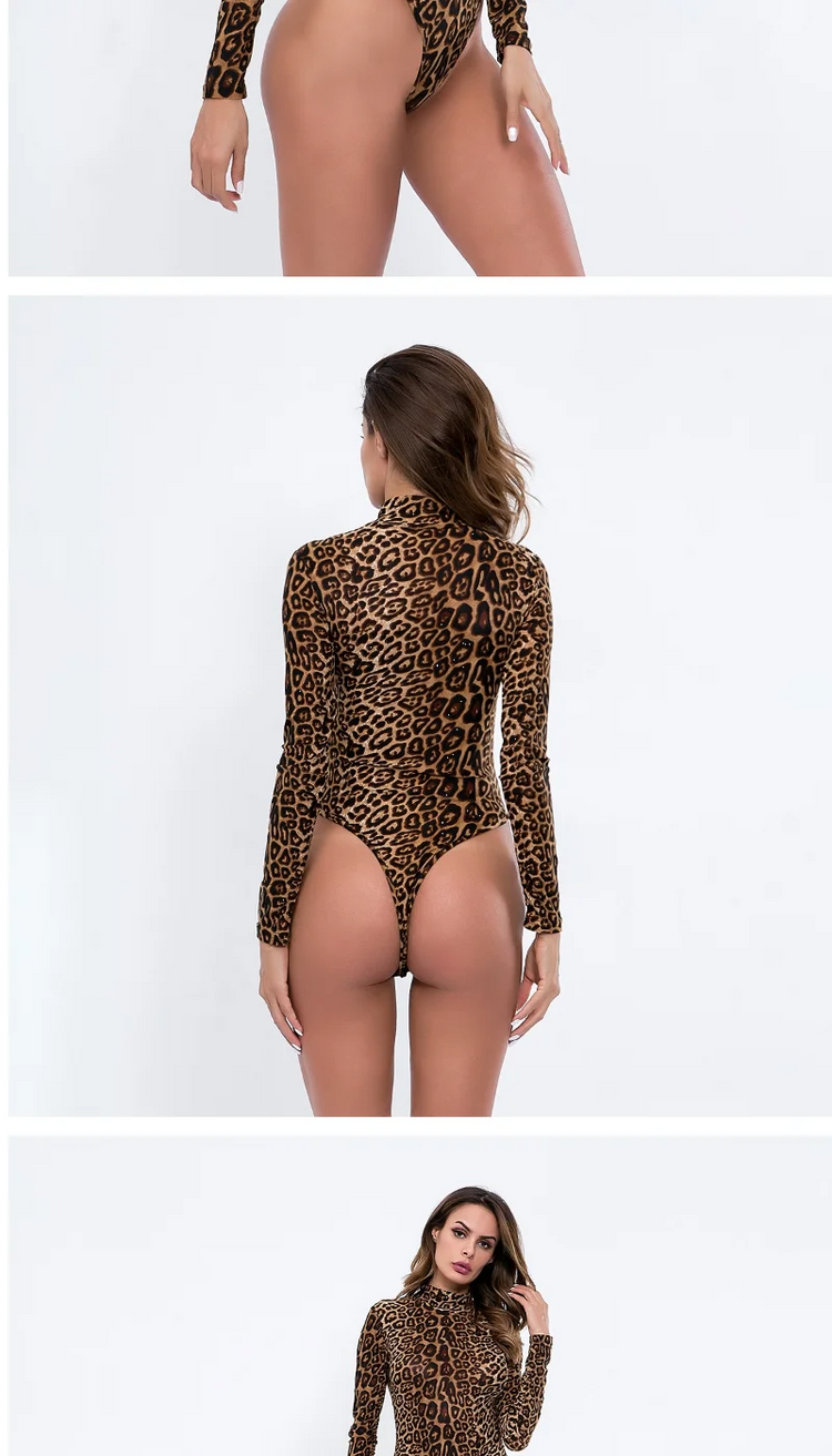Slimming High Neck Long Sleeve Jumpsuit Fashionable Leopard Print for Women Autumn New Style plus Size  Suit