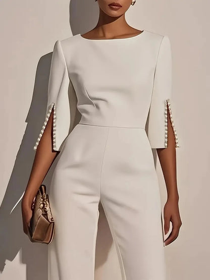 Women's Jumpsuit Casual Solid Color 3/4 Length Sleeve Straight Round Neck Beaded High Waist Daily Going out Regular Fit Black Wh