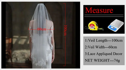 Exquisite Bridal White Veil Plain Tulle Handmade Lace Appliqued Fingertip Brides Headdress Veil with Hair Comb V683