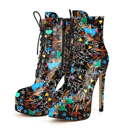 Onlymaker Women Round Toe Platform Lace-up Stiletto Printed Side Zipper Stiletto High Heel Ankle Boots