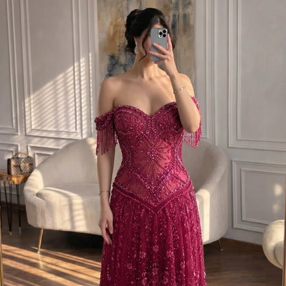 Serene Hill 2026 Luxury Fuchsia Arabic Beaded A-Line Evening Dress With Tassels For Formal Wedding Party BLA73594 Customized
