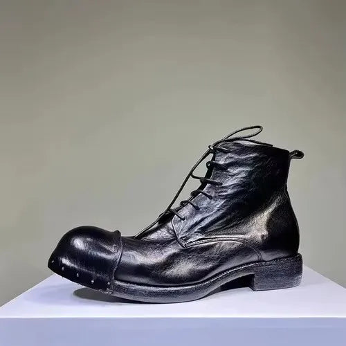 Washed Men's High Top Retro Leather Thick Soled High Rise Short Leather Boots Goodyear- Handmade Horse Leather Shoes Worn