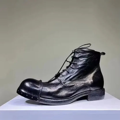 Washed Men's High Top Retro Leather Thick Soled High Rise Short Leather Boots Goodyear- Handmade Horse Leather Shoes Worn