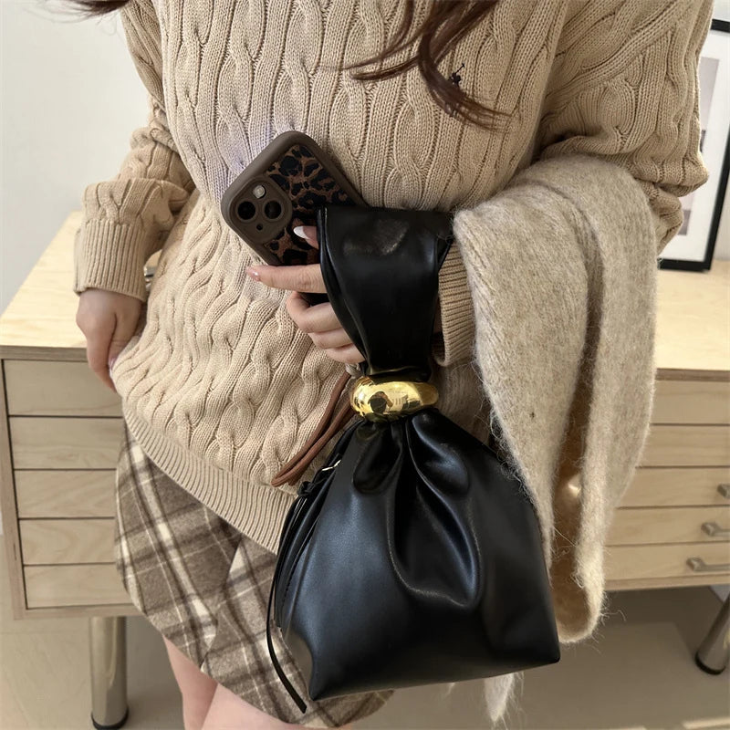 Mini PU Leahter Underarm Pleated Cloud Bag For Women 2025 Fashion Designer Female Retro Bucket Shoulder Bag Handbags And Purses