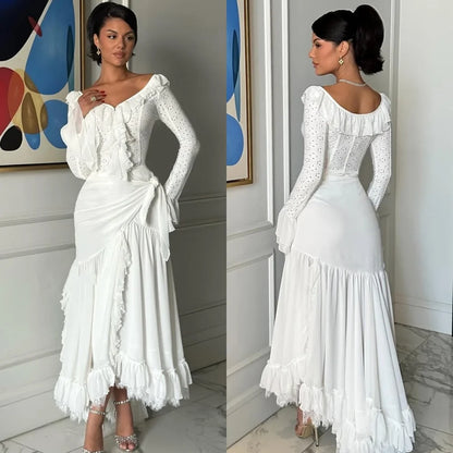 Customized Modern Style Matching Chiffon Ruched Lace Mermaid Scoop Neck Ankle Length Dresses Bespoke Occasion Dresses Elegant