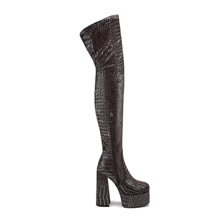 15CM Chunky Heel Platform Woman Over-the-knee Snake Pattern Boots Wild T Show Shoes Sexy Slimming Stretch Thigh Boots For Women