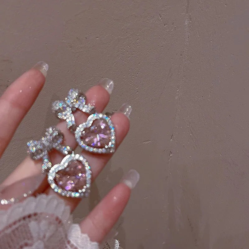 Exquisite Pink Heart Shape Bowknot Stud Earrings For Women Shining CZ Zircon Love Earring Wedding Party Temperament Jewelry