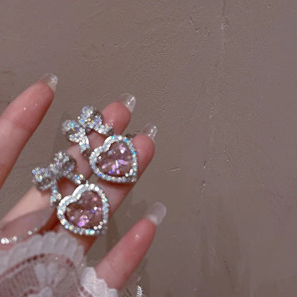 Exquisite Pink Heart Shape Bowknot Stud Earrings For Women Shining CZ Zircon Love Earring Wedding Party Temperament Jewelry